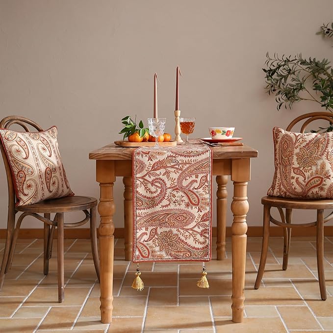 ISAENNE Designer Elegant Red Linen Table Runner 102 Inches Long,Vintage Paisley Pattern Durable Table Runners for Dining Tables,Thanksgiving,Kitchen Tables,Christmas,12"*102"-Chauffrey A