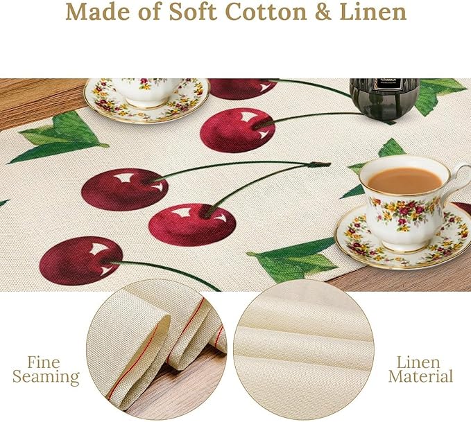 Red Cherry Table Runner Watercolor Tropical Fruit Spring Summer Wild Berry Dinner Runner for Girl Baby Party Holiday Home Kitchen Dining Table Decor 13x60