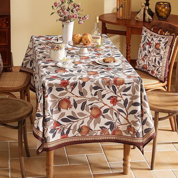 patdrea Designer Linen Extra Long Rectangle Tablecloth,Framhouse Vintage Pomegranates Leaves Pattern Tablecloths,Table Cover Decor for Kitchen Dining Christmas,Thanksgiving,63"x110"-Tehran a