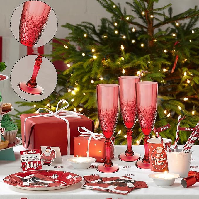 Plastic Champagne Flutes, 12PCS Dark Red Wine Glasses Goblets Cups Reusable Flute, for Christmas Weddings Bachelor Parties Toasting and Events(12, Dark Red)
