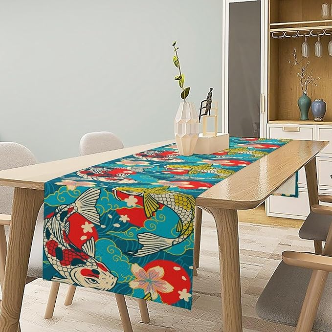 Japanese Kio Fish Table Runner Oriental Tradition Cherry Art Printed Burlap Runner Home Kitchen Dining Table Living Room Decor Fabric 1 Panel W13xL120in