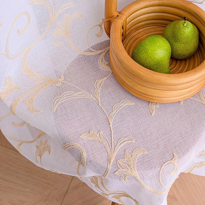 Sheer Curtains White-Beige 45 Inch Length Floral Embroidery Vintage Rod Pocket Voile Drapes for Living room, Bedroom, Window Treatments Semi Crinkle Curtain Panels for Farmhouse Set of 2, 52"x 45".