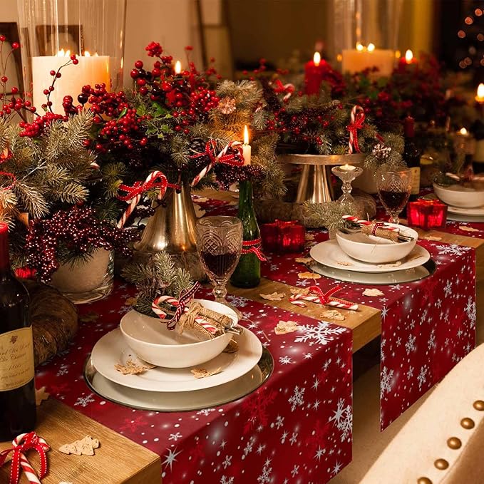 Christmas Snowflakes Cotton Linen Table Runner for Dining Kitchen, Red Xmas Winter Snow Wedding Outdoor Party Tablerunners Decoration, New Year Dresser Scarf Coffee Tablecloth Runners 13x108 Inches