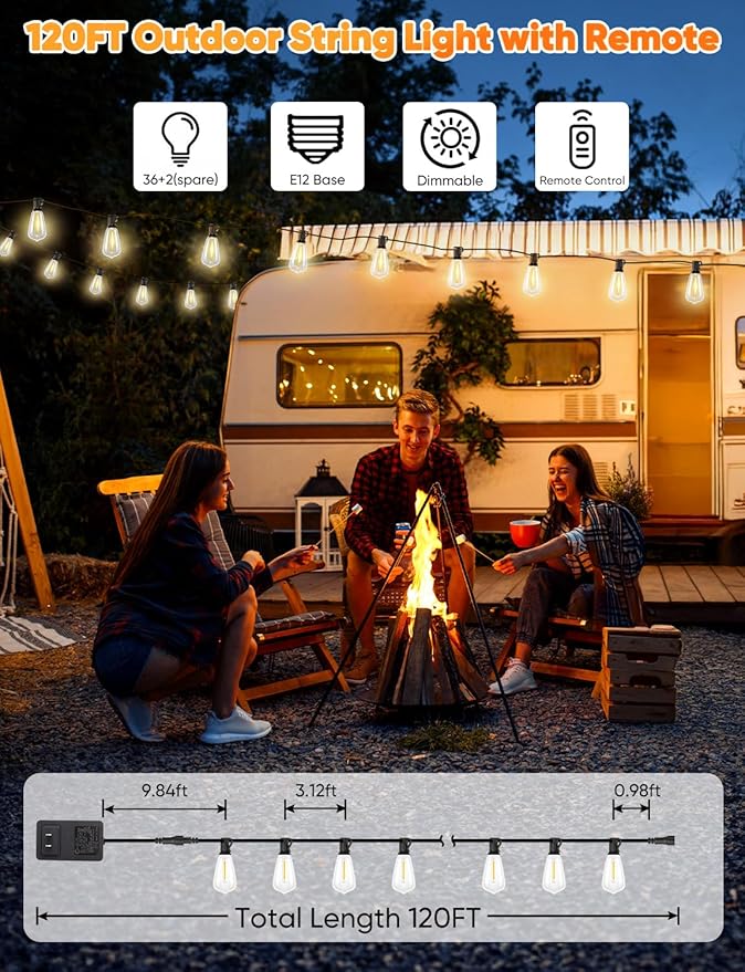 Brightever 120FT LED Outdoor String Lights with Remote, Patio Lights Outdoor Waterproof with 36+2 Shatterproof ST38 LED Bulbs, Dimmable Outside Hanging Light for Porch, Garden, Backyard, Cafe, 2700K