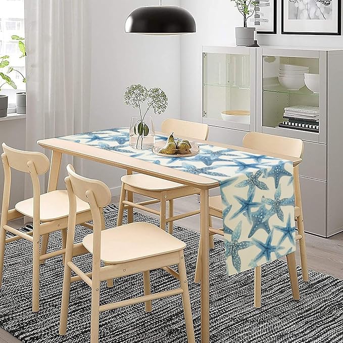 Starfish Plaid Table Flag Green Plaid and Marine Life Starfish Kitchen Table Flag Suitable for Birthday Party Restaurant Decoration Outdoor Picnic 13 * 120 Inch
