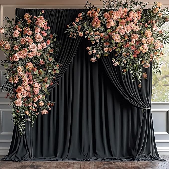 50ftx12ft Wrinkle Free Black Backdrop Curtain, 10 Panels 12FT Height Black Wedding Backdrop Drapes, Silky Polyester Back Drop Cloth for Birthday Photography Background Party Backdrop Draping