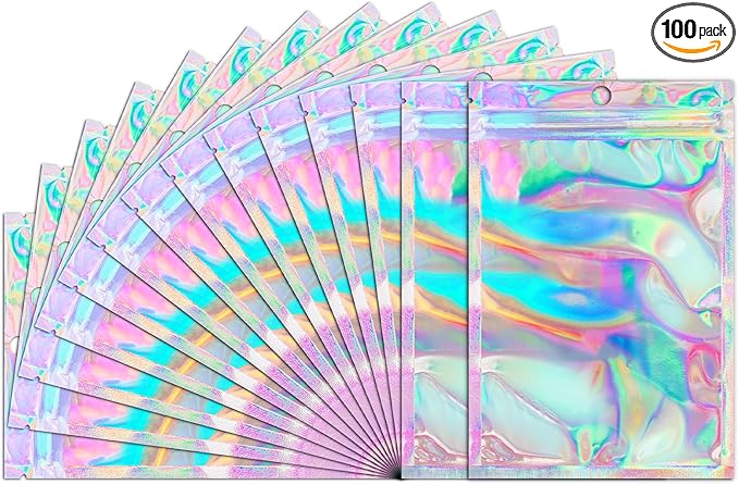 Funfery 100 Pcs Smell Proof Holographic Bags Clear Window Resealable Bags,Mylar Foil Bag with Zipper,Sealing Pouch Packaging Bag for Food Storage,Candy,Party Favor Sample Business Supplies(6.3x9.4in)