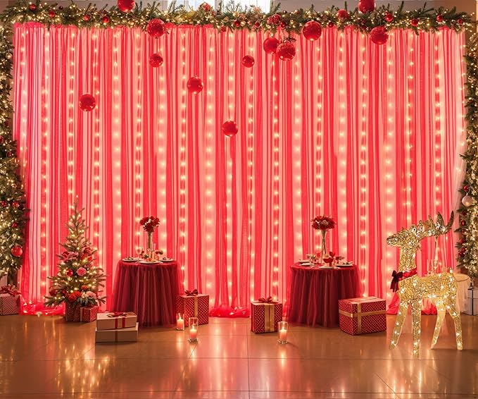 Suppromo Red Tulle Backdrop Curtain with Lights String for Parites 30x10ft Sheer Backdrop Curtains for Birthday Party Baby Shower Christmas Wall Photo Booth Background Decorations(6 Panels 5ft×10ft)