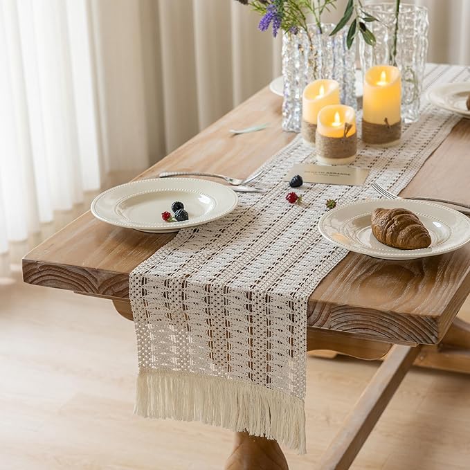 Boho Table Runner White for Home Decor 12x90 Inches Farmhouse Macrame Burlap Jute Rustic Dining Kitchen Centerpiece Bohemian Decor French Country Baby Bridal Shower Decorations