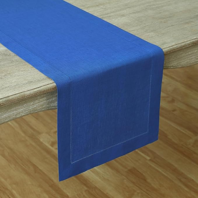 Solino Home Linen Royal Blue Table Runner 144 Inches Long - 100% Pure Linen Extra Long Table Runner 14 x 144 Inch - Classic Hemstitch