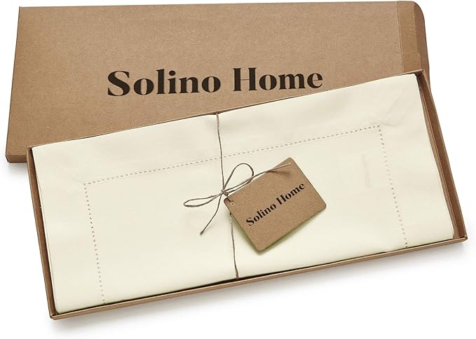 Solino Home Ivory Table Runner 120 Inches Long - Cotton Linen Hemstitch 14 x 120 Inch Table Runner for Dining, Fall, Autumn, Thanksgiving, Holiday
