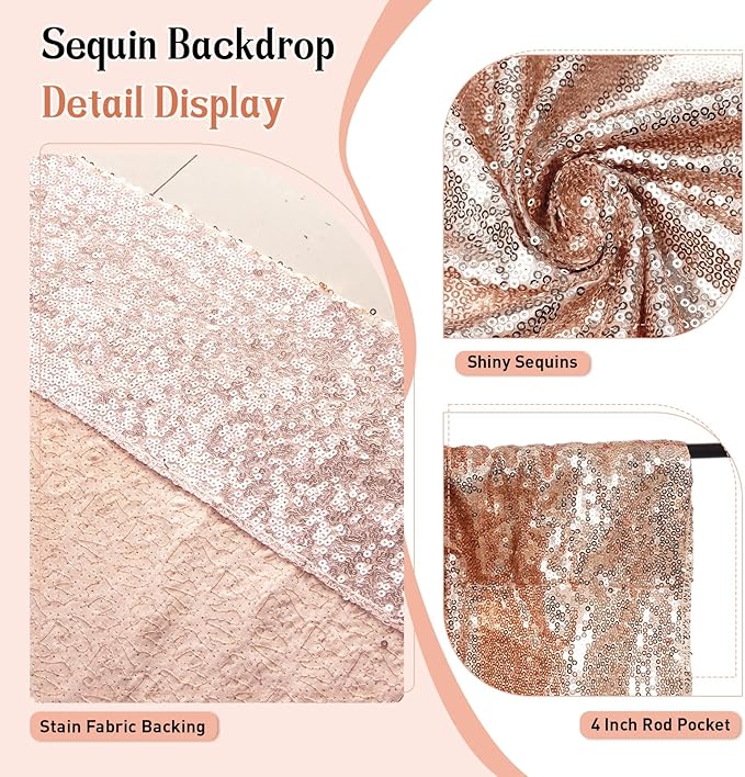 SquarePie Sequin Backdrop Curtain Not See Through Thick Glitter Background for Party 8FT x 10FT Rose Gold