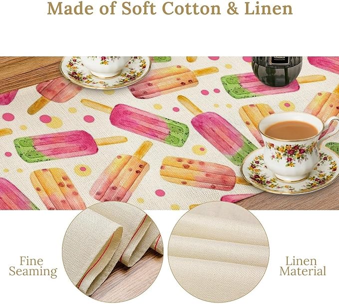 Ice Cream Popsicles Table Runner, Watercolor Summer Seasonal Fruit Peach Kiwi Berry Popsicles Orange Pink Sweet Dessert Dinner Runner for Party Holiday Home Kitchen Dining Table Decor 13"x120"