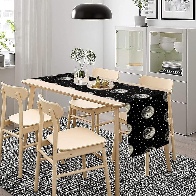 Mystical Celestial Table Runner, Vintage Bohemian Black Yin Yang Symbol Moon Stars Print Table Runner for Office Kitchen Dining Wedding Party Home Coffee Table, 13x120inch