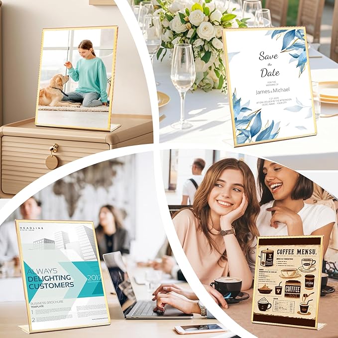 Acrylic Gold Frames 4 x 6, Slanted Back Gold Picture Frames Table Acrylic Sign Holder for Photos Wedding Table Numbers and Art Display with Removable Clear Sticky Dots,6 Pack