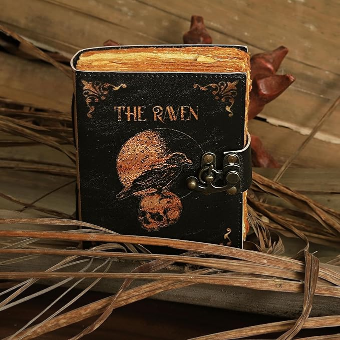 Leather Gothic Journal Magical Raven Skull Spiral Notebook Mystery Crow Journal Grimoire Witchcraft Spellwork Journal Great for Halloween and Raven Lovers Aesthetic Leather Journal for Men and Women (10 x 7 inches)