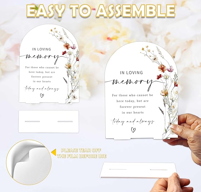 Boho Floral In Loving Memory Sign, 6 x 8 Inch White Arch Acrylic Wedding Sign with Holder, Wedding Sign for Ceremony and Reception, Wedding Decoration, Wedding Supplies - BX04