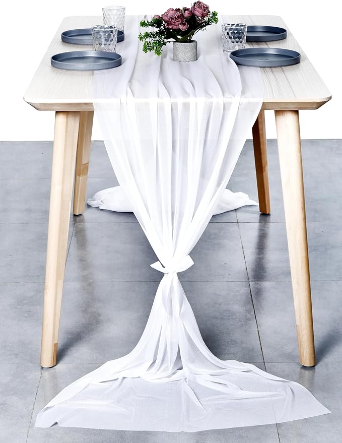 MDS 2 Pack 14ft Chiffon Table Runner 29 x 170 Inches Sheer Wedding Runner Romantic Rustic Table Runner for Wedding Decorations, Birthday Parties, Bridal Shower Party Arch Decor - White