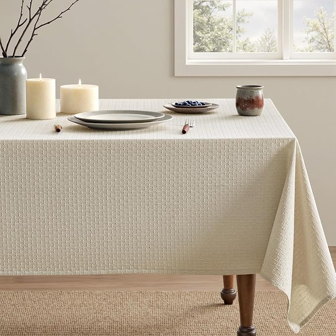 MIULEE Natural Linen Cottton Table Cloth Rectangle Tablecloth Waterproof Spillproof Cross-Star Textured Table Cltoth Decorative Farmhouse Style for Dining Party Weddings 52x70 Inch
