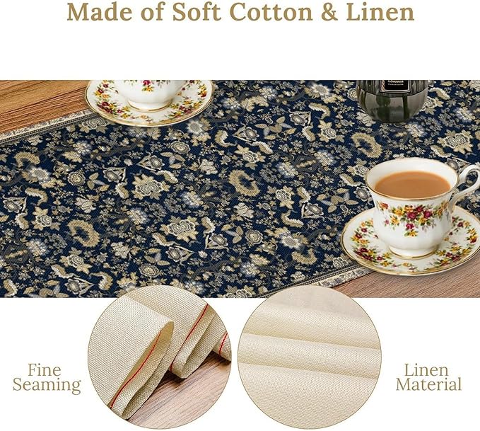 Vintage Boho Floral Table Runner, Morris Rustic Country Farmhouse Dark Blue Grey Retro Flower Pattern for Home Kitchen Table Decor Dining Coffee Room Party Decor 13x90in