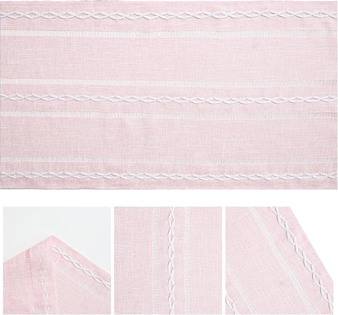 Artoid Mode Pink Rustic Cotton Linen Table Runner, Seasonal Embroidered Hollow Kitchen Dining Table Decoration for Home Party Decor 13x108 Inch