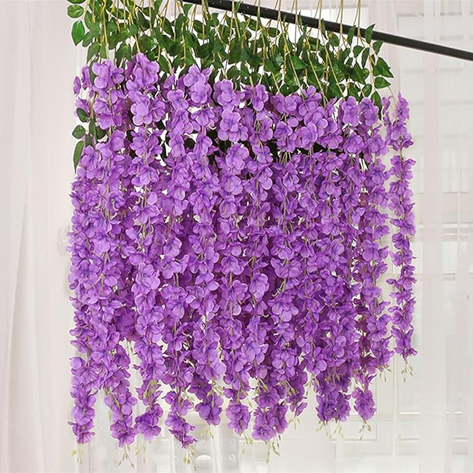 12 Pack Purple Wisteria Hanging Flowers Garland, 3.77 Feet Artificial Flower Vines, Fake Wisteria, Artificial Vines Hanging Garland for Backdrop Outdoor Yard Garden Decor