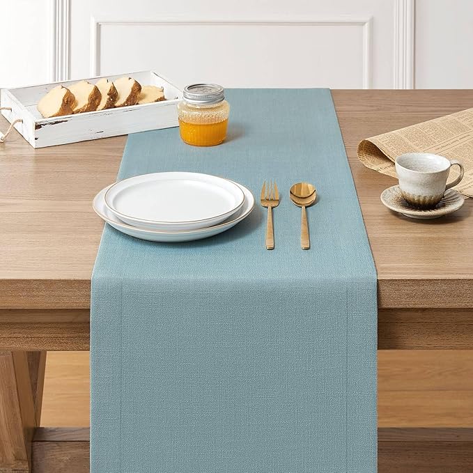 ZeeMart Linen Textured Border Table Runner, 14 x 90 Inch Blue, Farmhouse Style Dusty Blue Table Runners 90 Inches Long, Easy Care Everyday Polyester Table Runner