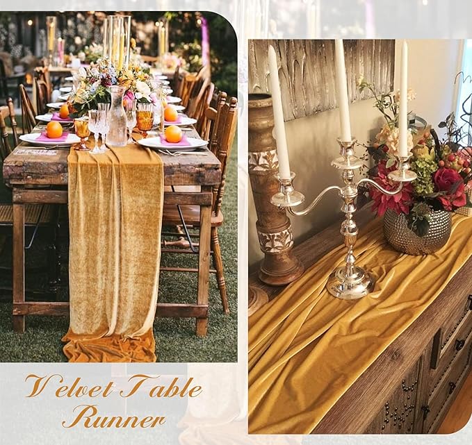 Velvet Table Runner 20 x 120 Inches 10ft Luxurious Thick Soft Velvet Christmas Thanksgiving Wedding Reception Table Runner for Party Reception Decorations(Gold, 1 Pack)