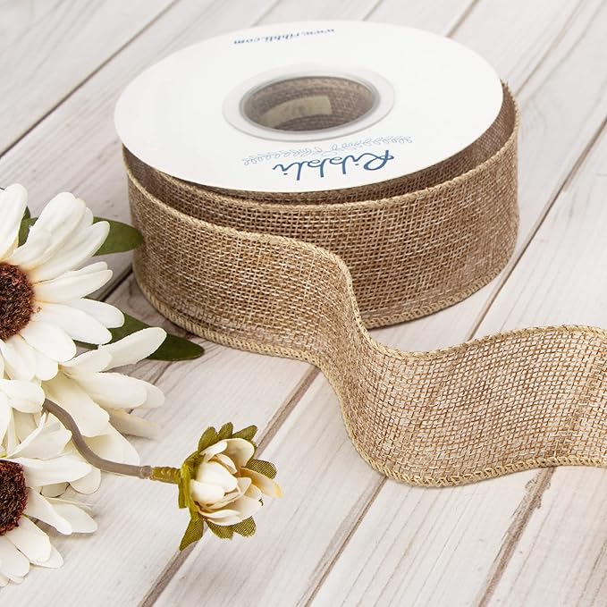 Ribbli Burlap Wired Edge Ribbon,1-1/2 Inch x 10 Yard,Natural,Solid for Big Bow,Wreath,Tree, Outdoor Decoration