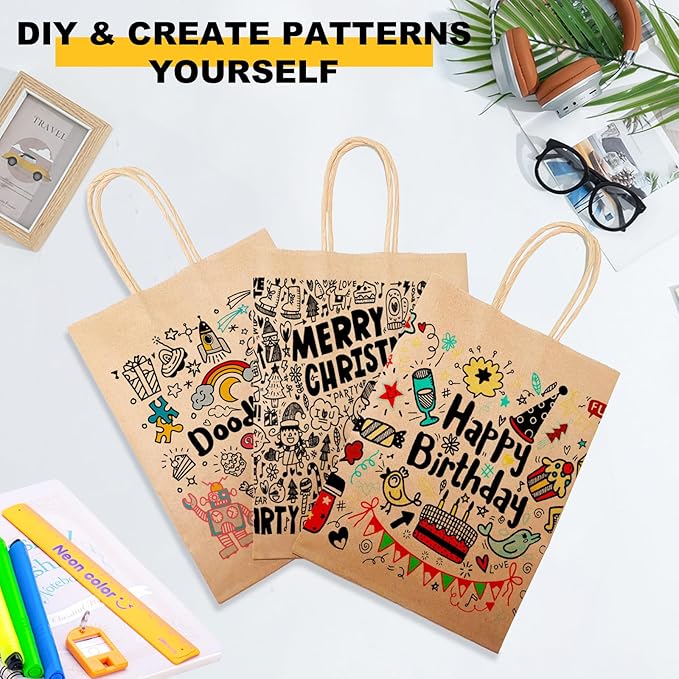 BAG BOX 25 Pack 5.9x3.1x8.25 Inch Brown Gift Bags with Handles,Bulk Kraft Paper Bags for Shopping, Retail, Merchandise, Wedding, Party Favors, Paper Grocery Sacks