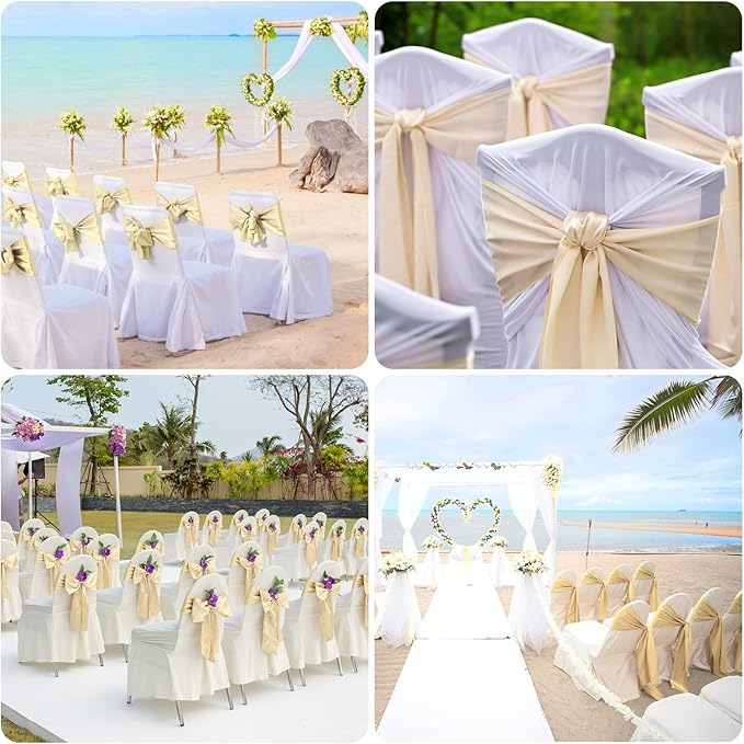 Satin Chair Sashes Bows Universal Chair Ribbon Ties Back Sash for Wedding Party Reception Events Banquets Hotel Event Chair Cover Decoration (7x108 inch) (100, Champagne)