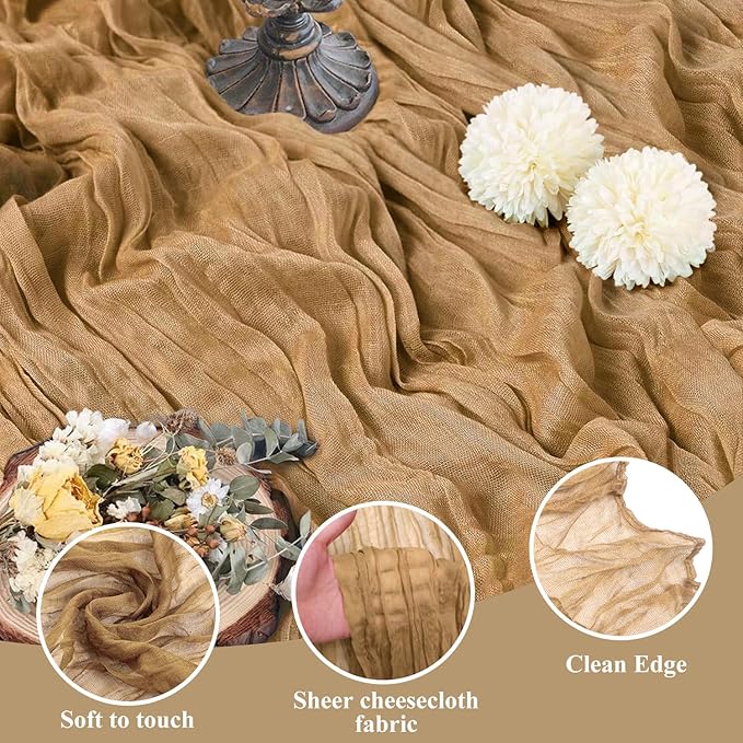 Asee'm 4pcs Cheesecloth Table Runner 120 Inches Long Khaki Boho Gauze Cheese Cloth Runner 10FT Rustic Sheer Table Runners for Christmas Wedding Party Baby Shower Spring Easter Decoration