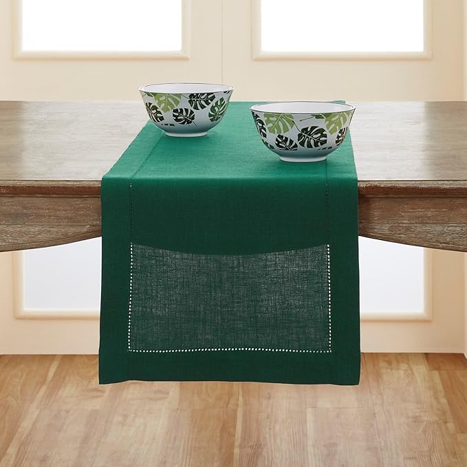 Solino Home Linen Table Runner 108 Inches Long - 100% Pure Linen Rainforest Green Table Runner 14 x 108 Inch for Fall, Autumn, Thanksgiving, Christmas - Classic Hemstitch