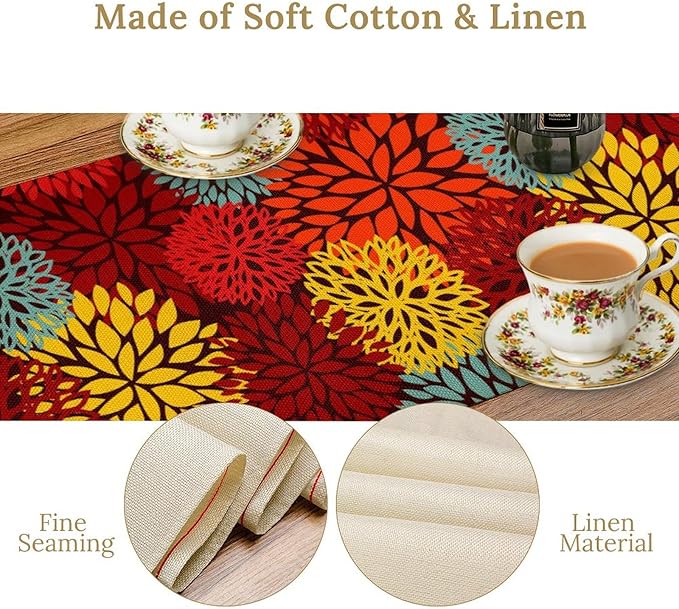 Red Yellow Dahlia Table Runner, Seasonal Autumn Thanksgiving Pattern Print for Home Kitchen Table Decor Dining Coffee Room Party Decor 13x90 Inch