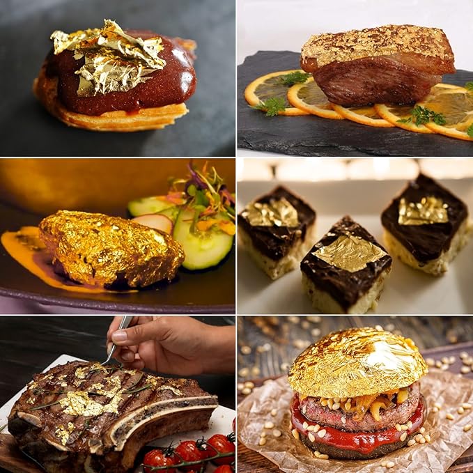 dshyuauoci 10 Sheets Gold Flakes, Premium Gold Leaf 3.15×3.15 Inches Craft Art Decoration Perfect for Decorating Cakes Desserts Drinks Ice Cream Sushi