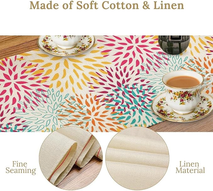 Abstract Flowers Table Runner, Chrysanthemum Dahlia Vintage Modern Colorful Spring Summer Elegant Table Runner for Party Kitchen Dining Living Room Laundry Room Decor, 13x60 Inch
