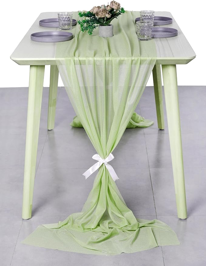 MDS 10 Pack 10ft Chiffon Table Runner 29 x 120 Inches Sheer Wedding Runner Romantic Rustic Table Runner for Wedding Decorations, Birthday Parties, Bridal Shower Party Arch Decor - Sage Green