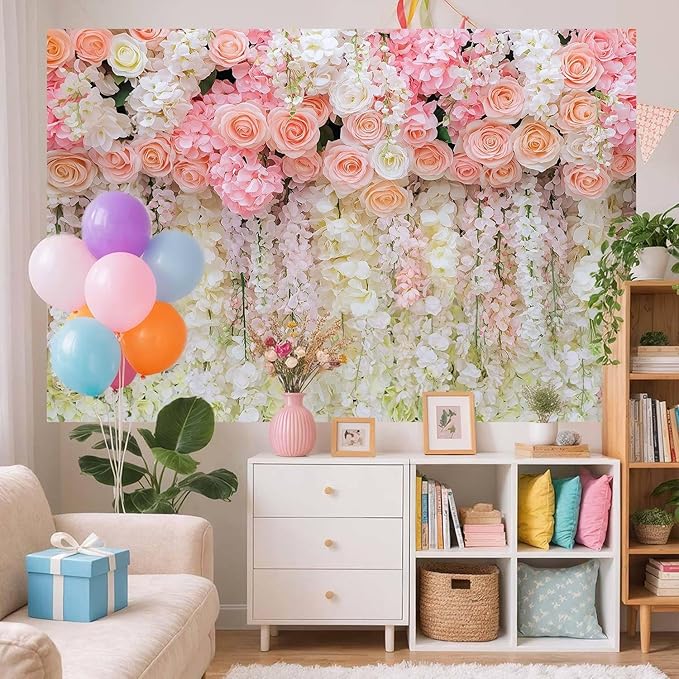 12x10ft Pink Rose Flower Wedding Photography Backdrop Spring Floral Photography Backdrop Valentine's Day Mother's Day Girl Birthday Baby Shower Wedding Bridal Party Banner Photo Booth Props Background
