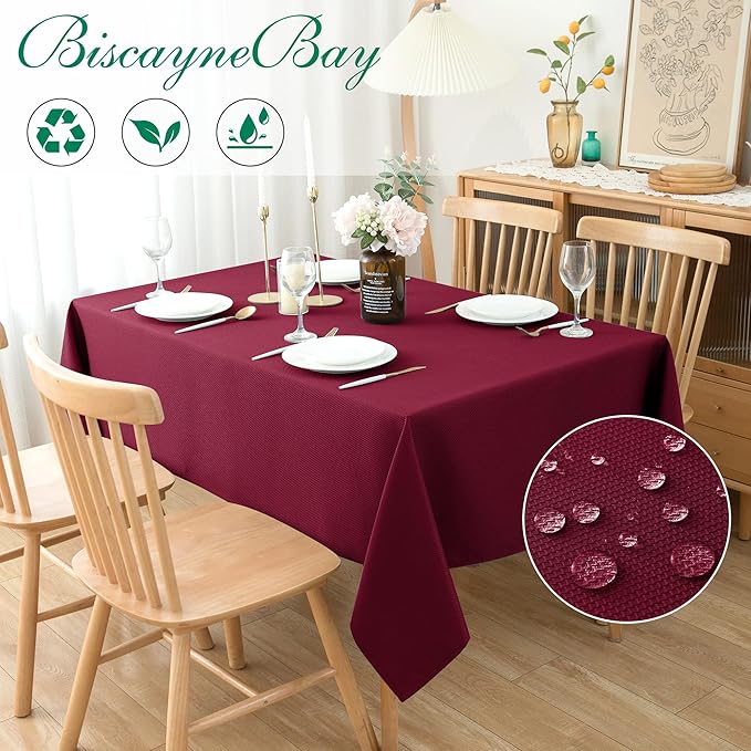Biscaynebay Textured Fabric Christmas Rectangle Table Cloth 70x120 Inch, Burgundy Water Resistant Tablecloths for Dining, Kitchen, Wedding, Parties etc. Machine Washable