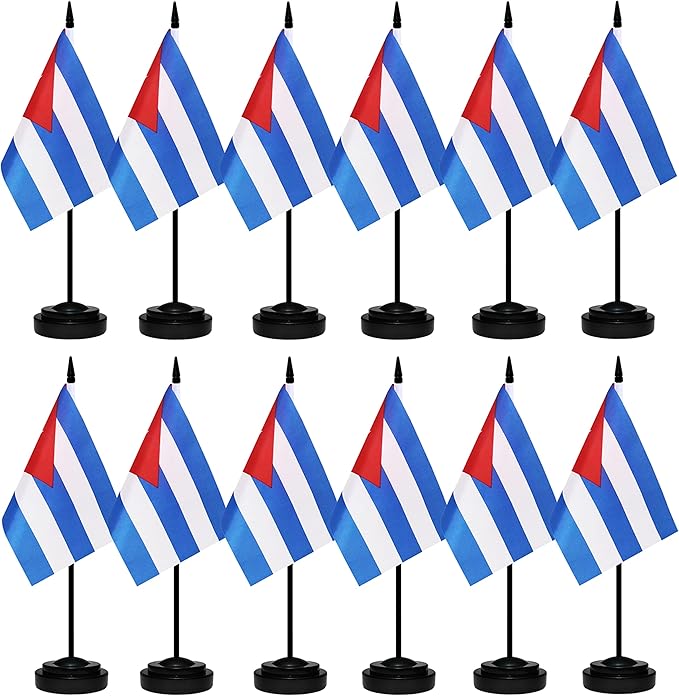 12 Pack Cuba Desk Flags Set, Cuban Small Mini Table Office Flags with Black Pole, Home and Office Decoration, Festival Celebrations