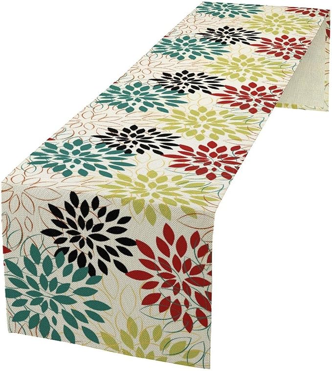 Abstract Red Dahlia Vintage Table Runner, Geometric Lines Mid Century Vintage Modern Colorful Table Runner for Party Kitchen Dining Living Room Laundry Room Decor, 13x108 Inch