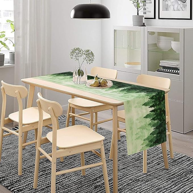 Foggy Forest Table Runner,Watercolor Wreen Misty Forest Landscape Table Runner for Kitchen Dining Table Home Party Decoration 13x120 Inch