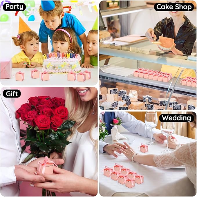 EUSOAR Candy Boxes Party Favors, 120pcs 2x2x2 Inches Mini Boxes Candy Box with Ribbons, Square Bakery Cookies Box Paper Chocolate Containers for Wedding Anniversary Bridal Party Favor Decoration