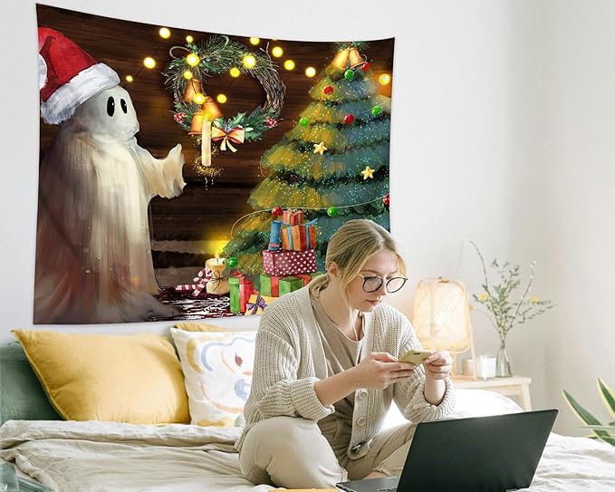QGHOT Christmas Tapestry Wall Hanging Christmas Tree Backdrop Cute Ghost Wall Decor Xmas Holiday Tapestries for Kids Bedroom Living Room Dorm Party Decoration