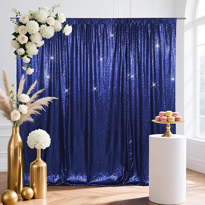 SquarePie Sequin Backdrop Curtain Less See Through Background for Wedding Party 5FT x 7FT Navy Blue