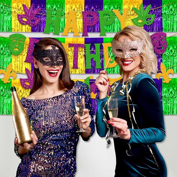 4 Pack 10 Ft Gold Green Purple Foil Fringe Garland Metallic Streamers Tinsel Banner Wall Hanging Garland Backdrop for Parade Floats, Halloween, Christmas, Thanksgiving, New Year Party Decorations