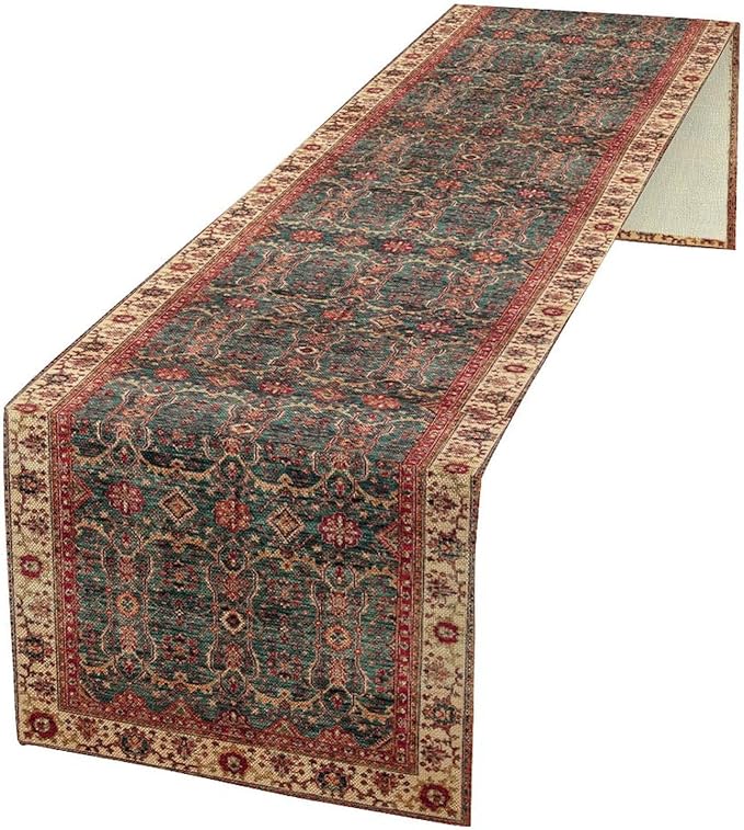 Vintage Boho Floral Table Runner, Rustic Country Farmhouse Red Teal Retro Flower Pattern for Home Kitchen Table Decor Dining Coffee Room Party Decor 13x108in