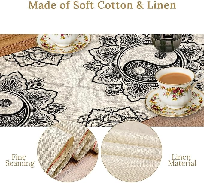Yin Yang Table Runner, Bohemian Mandala Vintage Black White Traditional Oriental Floral Print Table Runner for Home Kitchen Dining Table Wedding Party Decor, 13x60inch