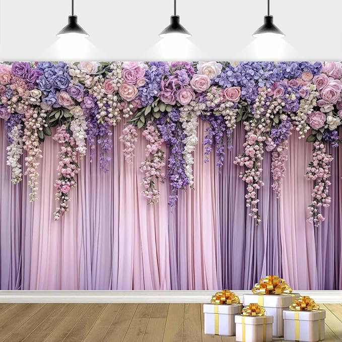 7x5ft Purple Flower Wedding Photography Backdrop Lavender Floral Wedding Bridal Photography Backdrop Anniversary Birthday Baby Shower Girl Party Banner Photo Booth Props Background Wall Decor