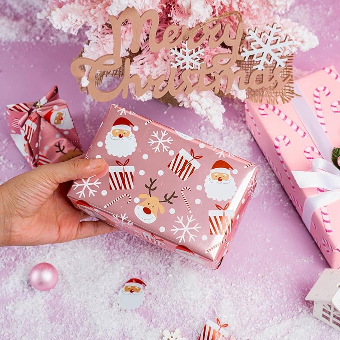 LeZakaa Christmas Pink Wrapping Paper Jumbo Roll, Santa Claus & Candy Cane, Metallic Foil, Rose Gold Foil Reversible Design for Festive Winter Holiday, Family Gathering, 30 inches x 32.8 Feet
